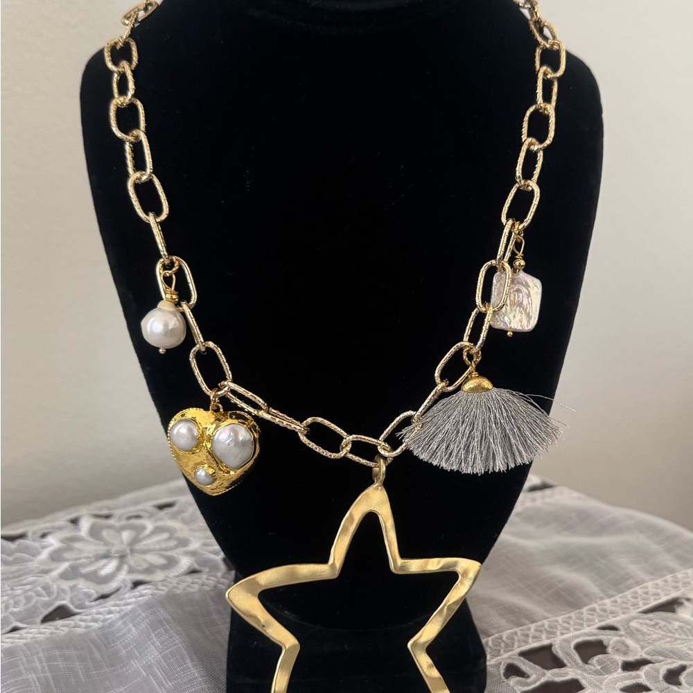 Gold Star Pendant Necklace with Pearl Accents